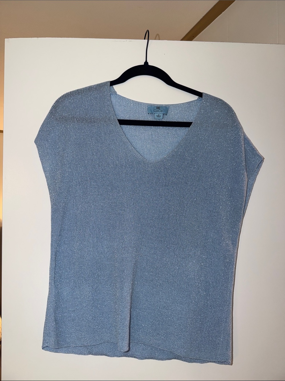 CeCe Sparkle V-Neck Knit Top in Light Blue